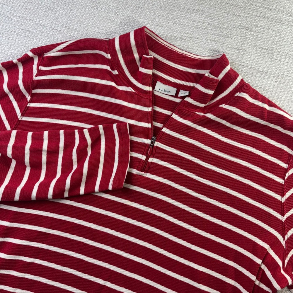 LL Bean Red White Striped Quarter Zip Cotton Ribbed Pullover 2X 256299